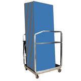 Metal trolley with blue folding tables on a white background