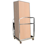 Metal cart with a stack of wooden folding tables on a white background