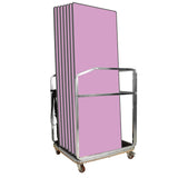 Metal trolley with pink folding tables on a white background