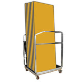 Yellow folding tables on a metal cart with wheels on a white background