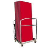 Red folding tables on a metal cart with wheels against a white background