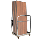 Wooden folding tables on a metal cart with wheels on a white background