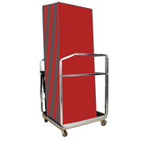 Red folding tables set on a metal trolley against a white background