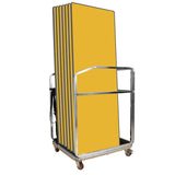 Yellow folding tables on a metal cart with wheels against a white background
