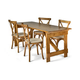 rustic farm table and crossback chairs with seat pads ready for event - white background