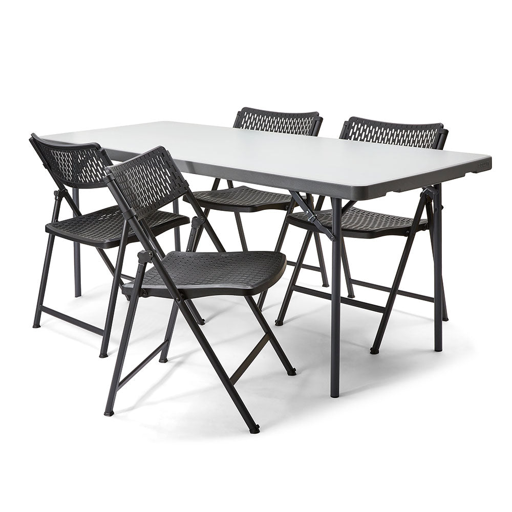 Aran Black Contemporary Plastic Folding Chairs with Folding Table.