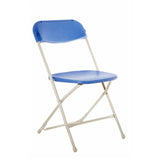 Blue plastic folding chair side profile