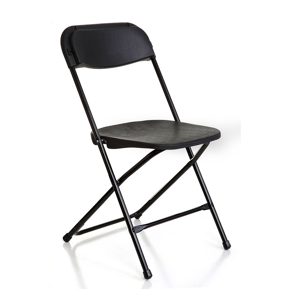 Black plastic folding chair side profile