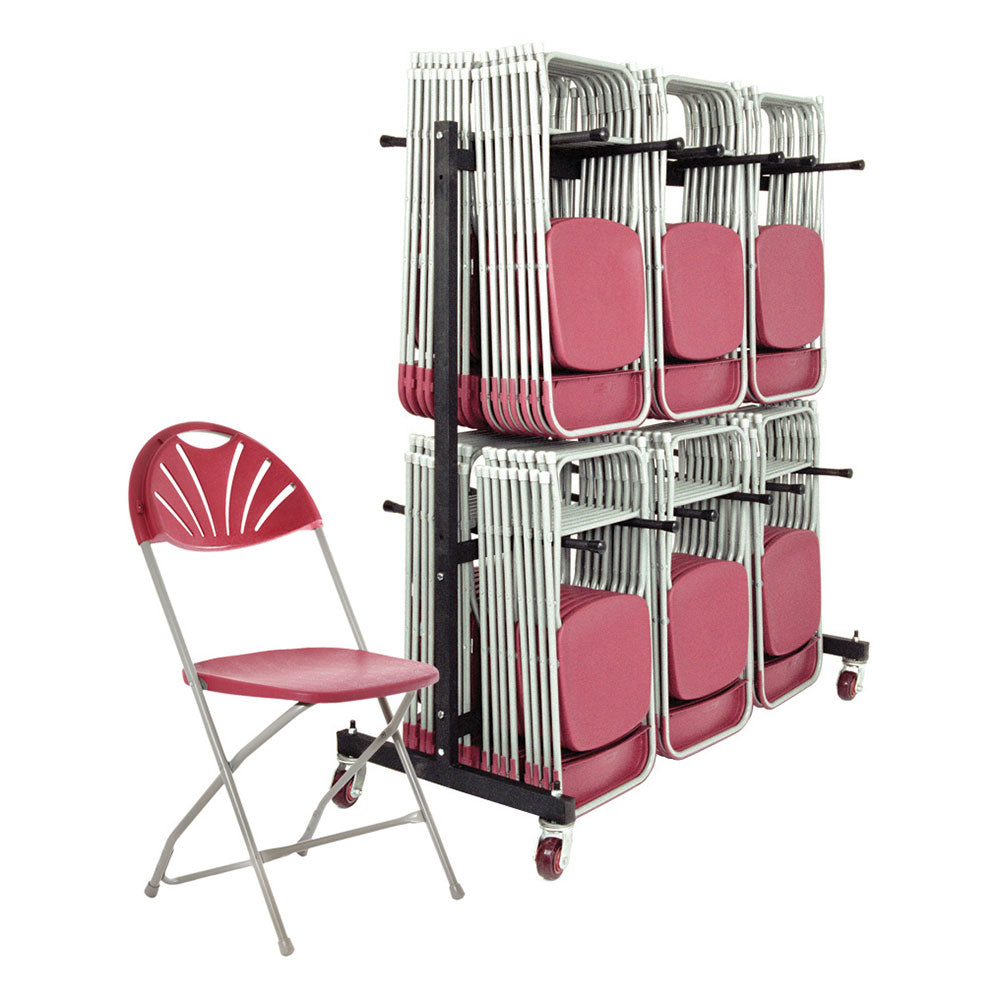 Red plastic folding chairs hanging on chair trolley.