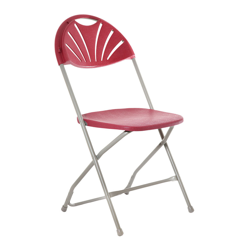 Red plastic fan back folding chair profile view.