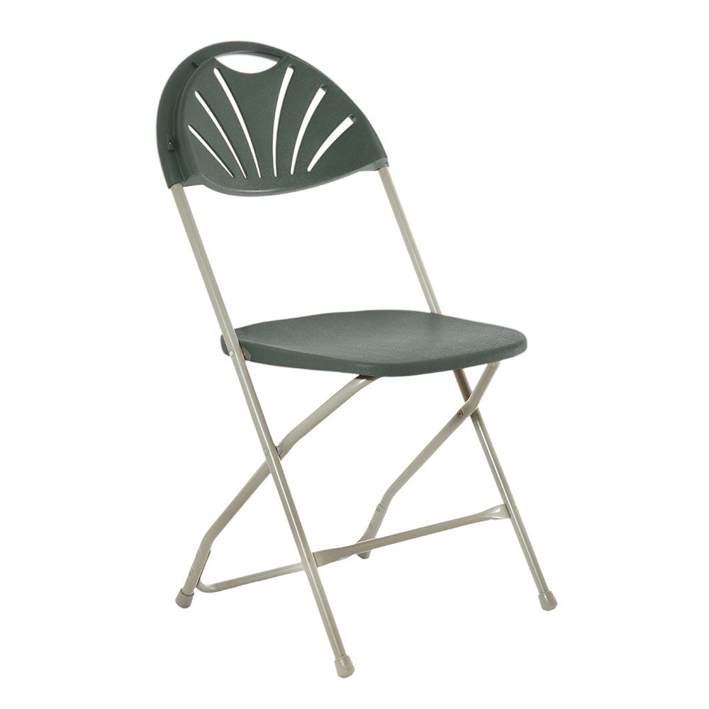Grey plastic fan back folding chair profile view.