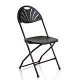 Black plastic fan back folding chair profile view.