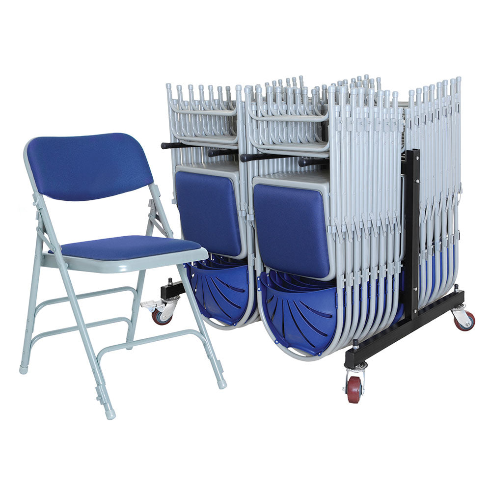 Blue Comfort Folding Chair with padded seat and back with chair trolley for storage.
