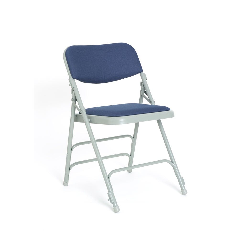 Blue Comfort padded folding chair profile view.