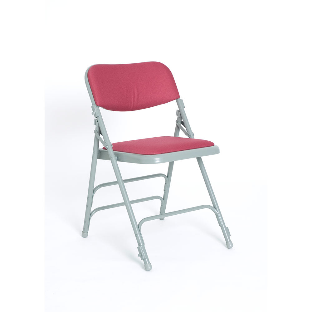 Red Comfort padded folding chair profile view.