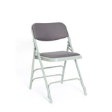 Grey Comfort padded folding chair profile view.