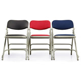 Three Comfort padded folding chairs linked to form a row.