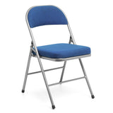 Blue Comfort Deluxe padded folding chair profile view.
