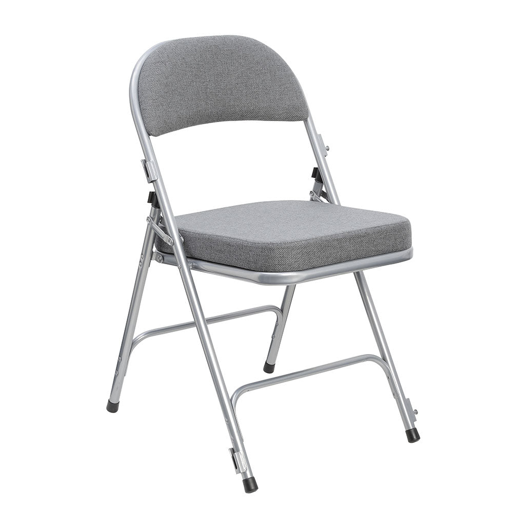 Grey Comfort Deluxe padded folding chair profile view.