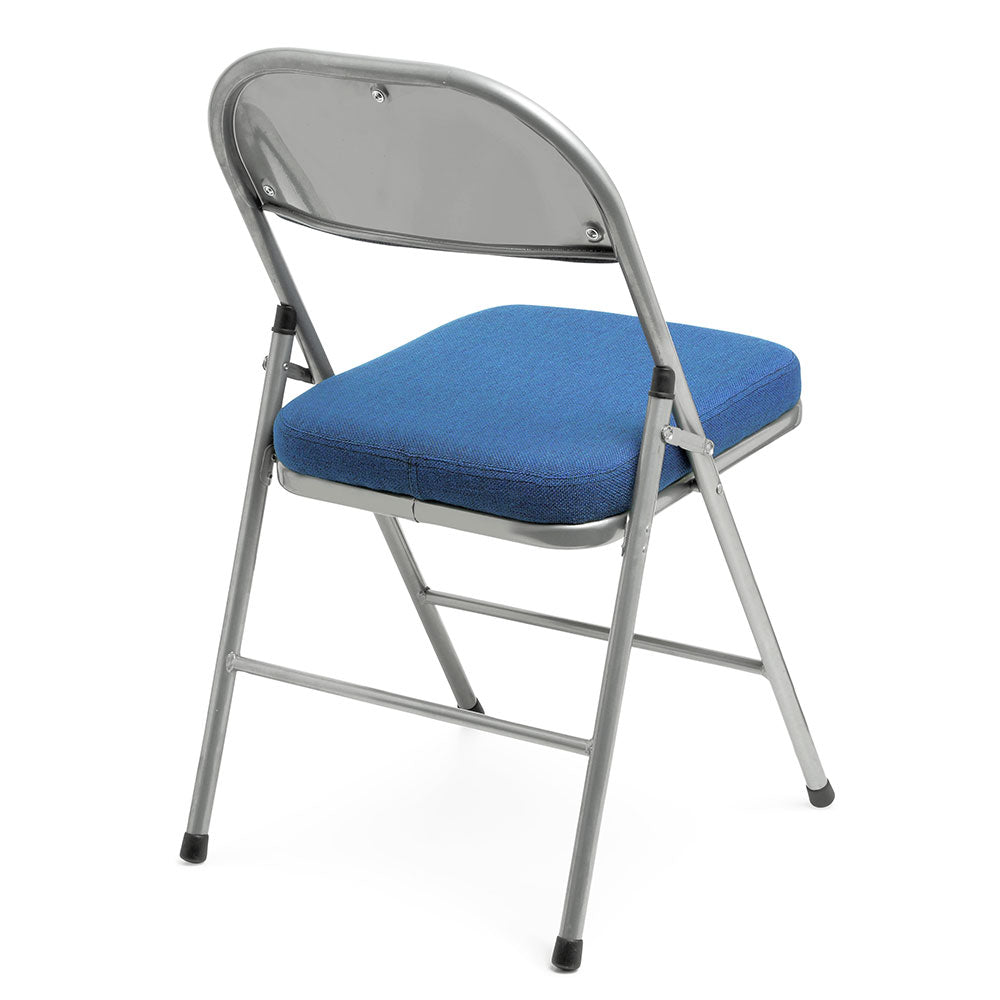 Rear profile of blue Comfort Deluxe padded folding chair.