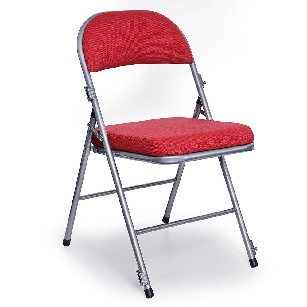 Comfort Deluxe Padded Folding Chair with Red Upholstery and Silver Frame Profile View.
