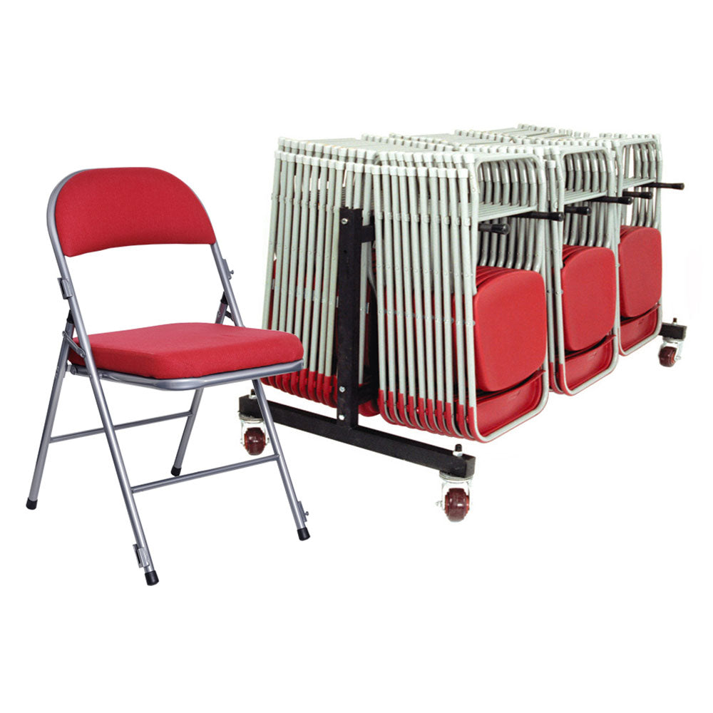 Red padded folding chair with chair trolley.