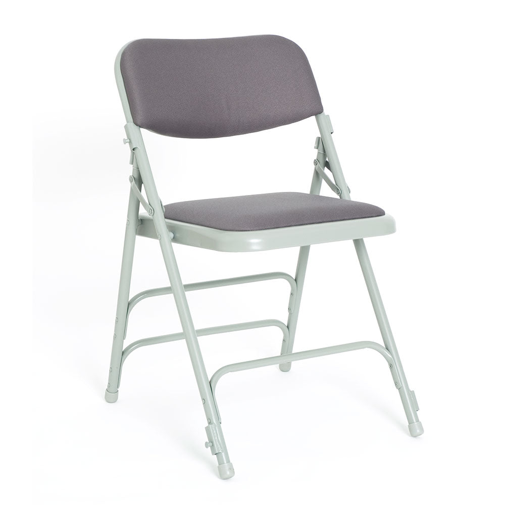 Grey padded folding chair with light grey frame.