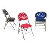 Three padded folding chairs in various colours.