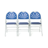 Three blue padded folding chairs linked together to form a row.
