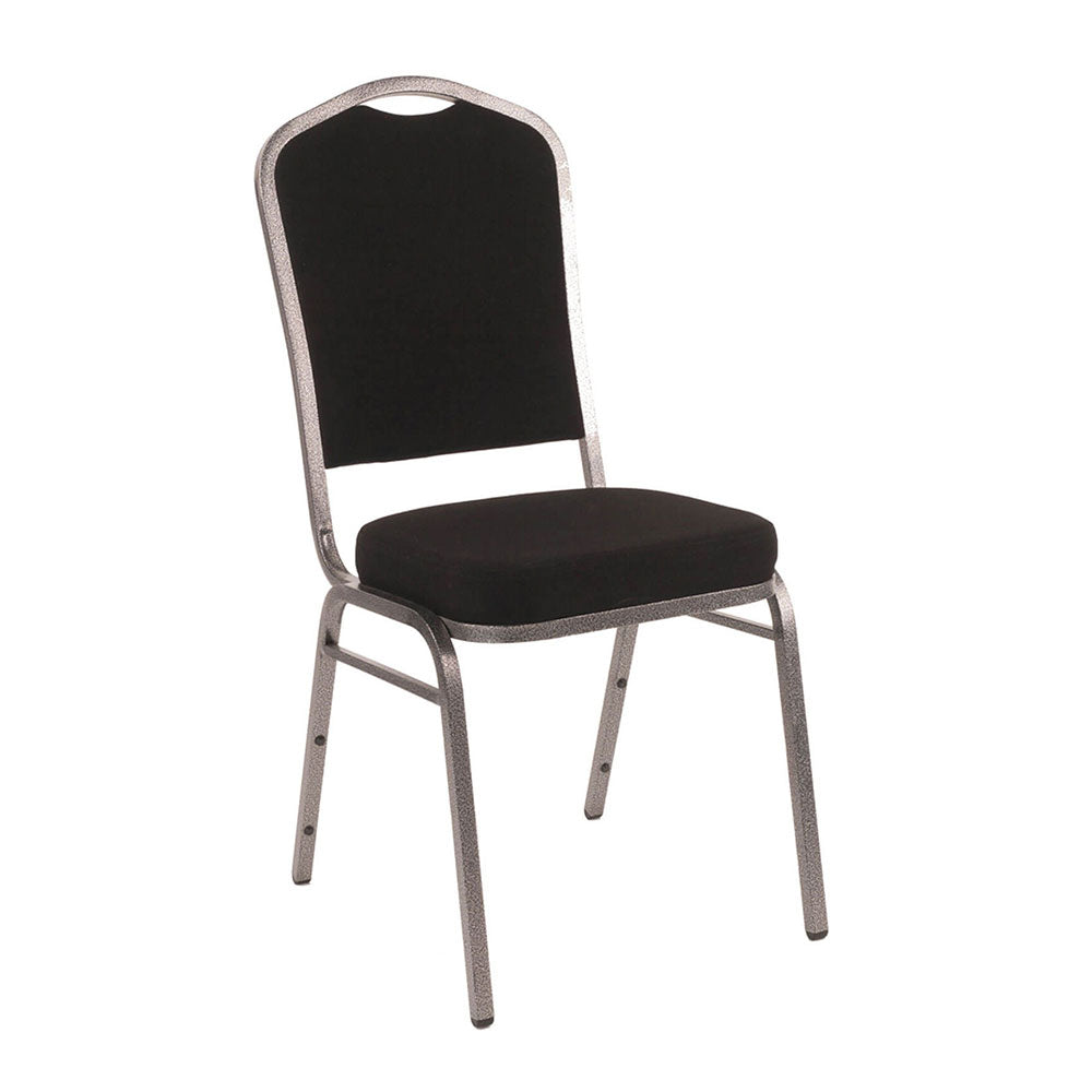 Profile view of black banqueting chair with deeply padded seat. black upholstery and silver frame.