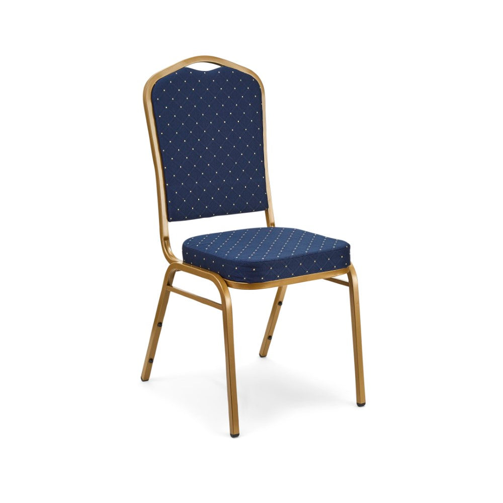 Banqueting chair with deeply padded seat, blue upholstery and gold frame.