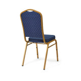 Rear profile of Crown Banqueting Chair with blue upholstery and gold frame.