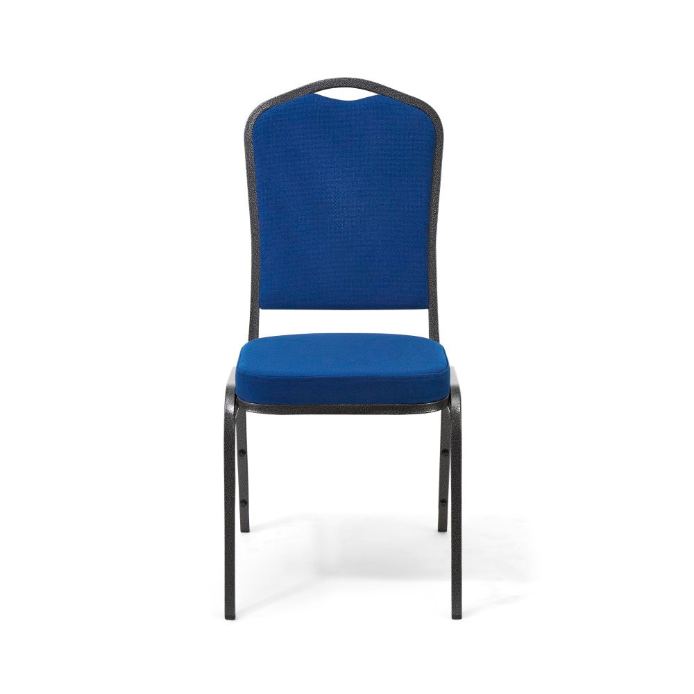Banqueting chair with deeply padded seat, blue upholstery and silver frame.