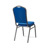 Rear profile of blue banqueting chair with silver frame.