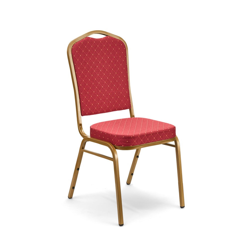 Banqueting chair with deeply padded seat and back, red upholstery and gold frame.