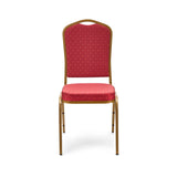 Banqueting chair with deeply padded seat and back, red upholstery and gold frame.