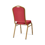 Rear profile of banqueting chair with deeply padded seat and back, red upholstery and gold frame.