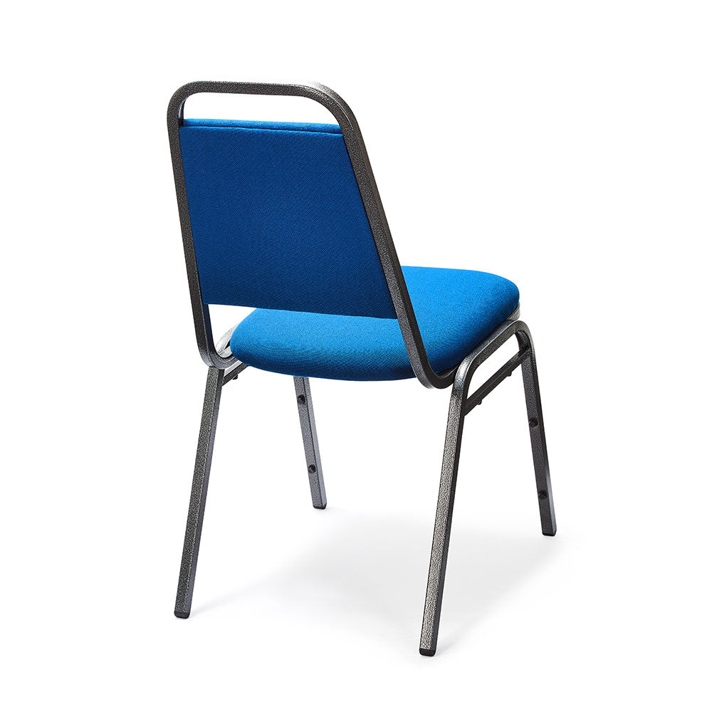 Rear profile of banqueting chair with blue padded seat and back and silver frame.