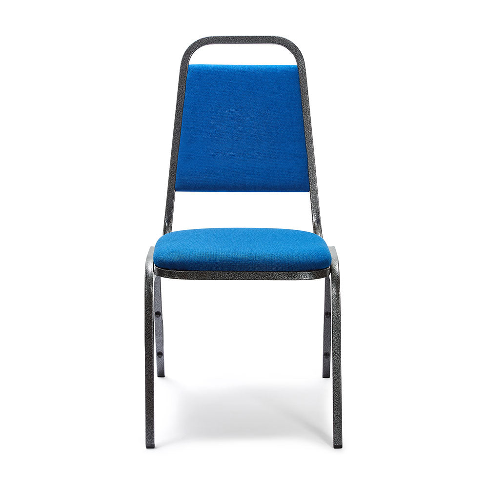 Front view of banqueting chair with blue padded seat and back and silver frame.
