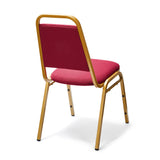 Rear profile of banqueting chair with red upholstered seat and back and gold frame.