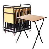 Wooden folding exam desk next to exam desk trolley filled with folding exam desks.