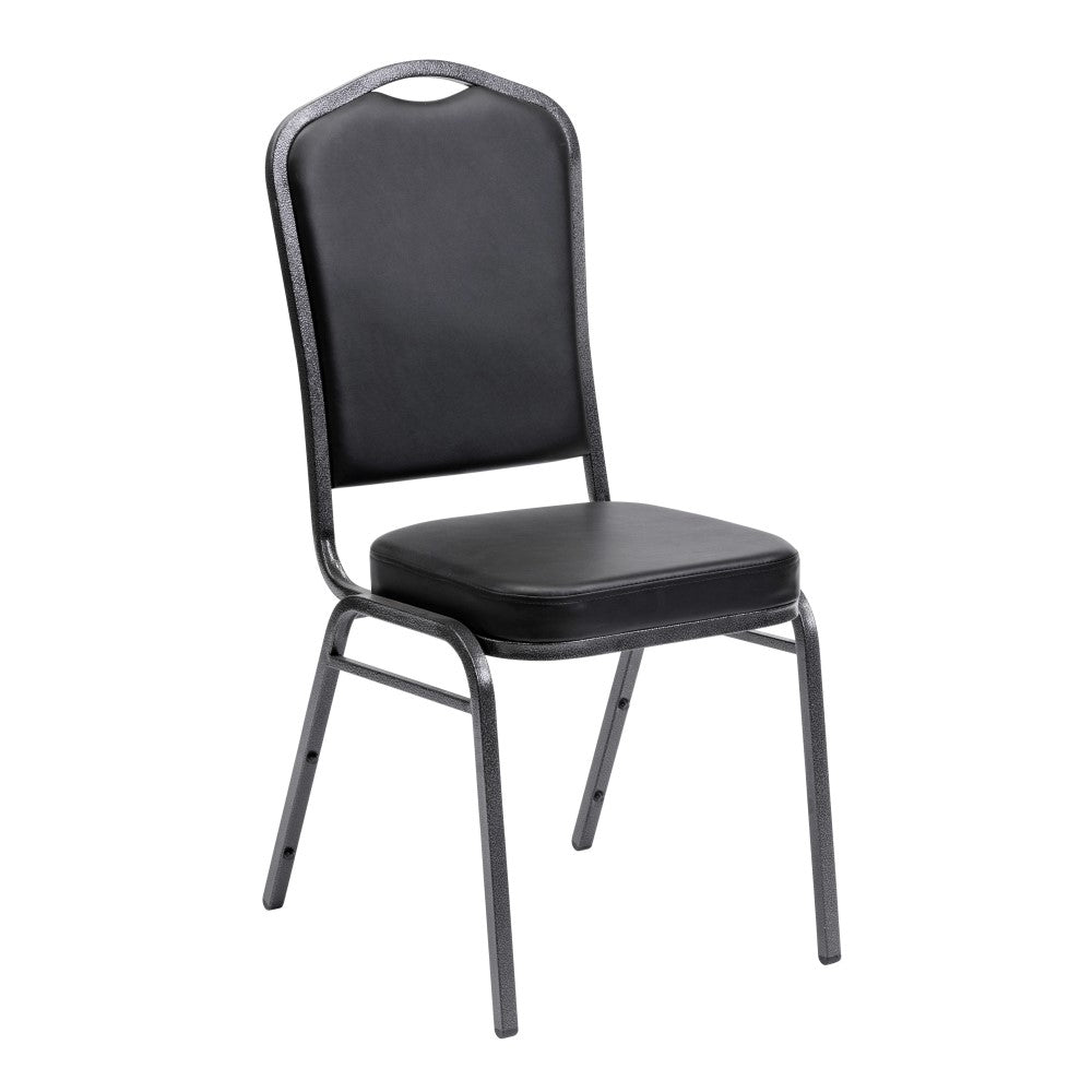 Profile view of banqueting chair with black padded seat and back with vinyl upholstery.