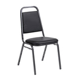 Banqueting chair with black vinyl seat and back and silver frame profile view.