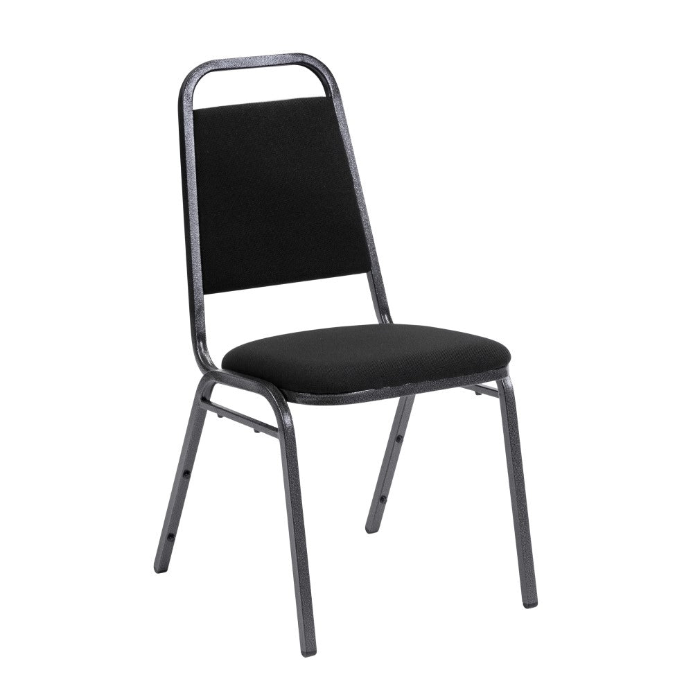 Banqueting chair with black padded seat and pack and silver frame profile view.
