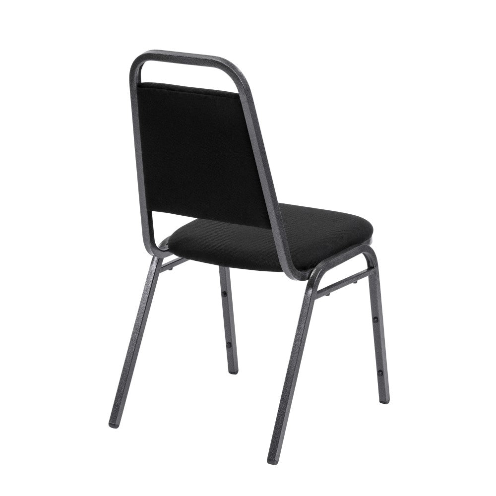 Rear profile of banqueting chair with black padded seat and back and silver frame.