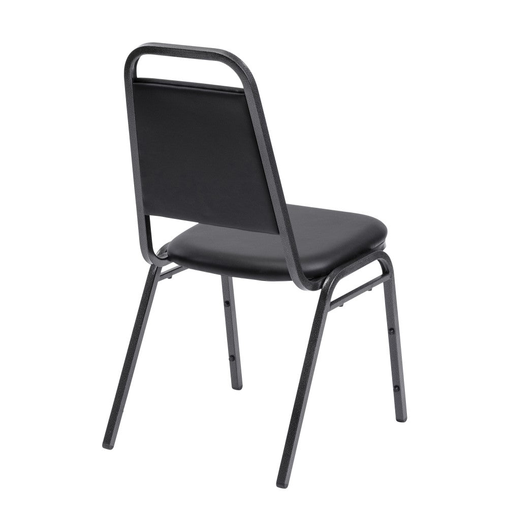 Rear profile of banqueting chair with black vinyl seat and back and silver frame.