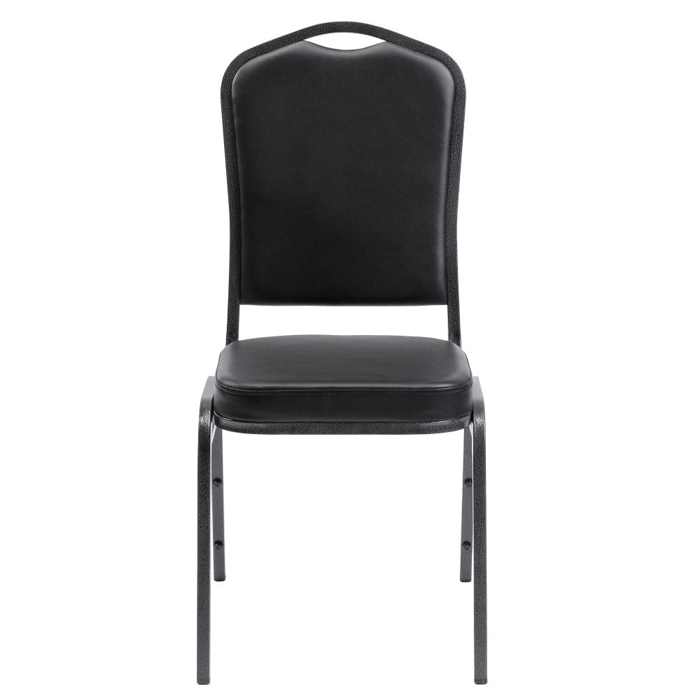 Front view of black banqueting chair with vinyl upholstery.